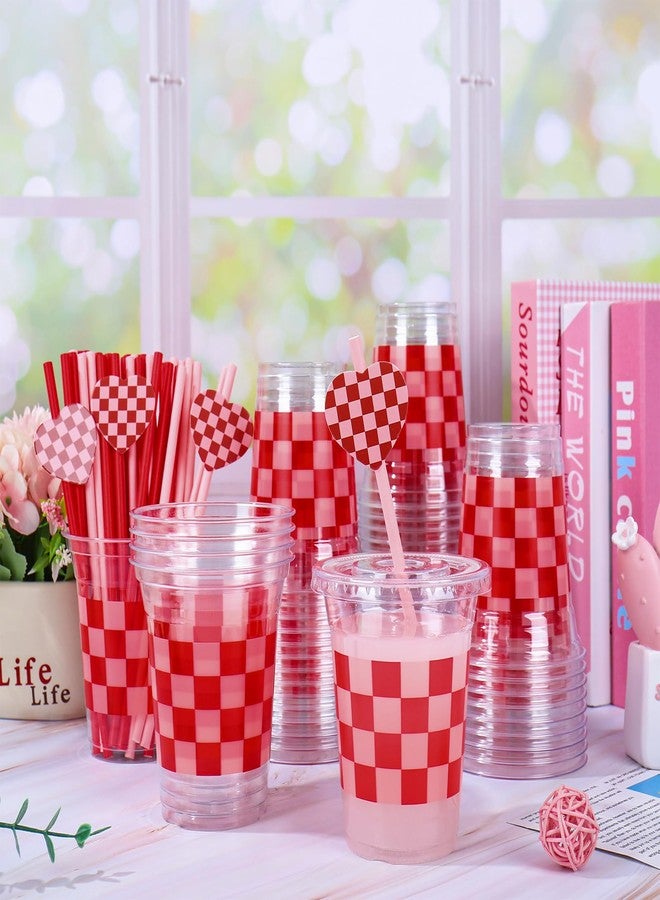 JarThenaAMCS 50Pcs Valentine's Day Plastic Cups with Lids Straws Drinking Cup 12oz Pink Red Checkered Heart Disposable Cups for Wedding Anniversary Valentine Party - Image 4